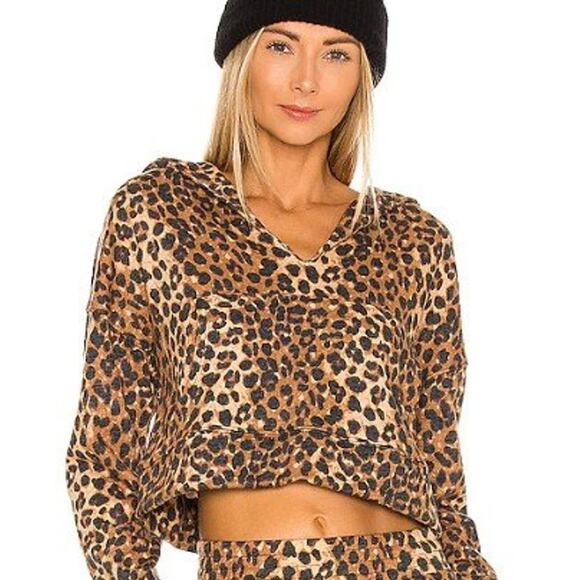 Lovers + Friends Cheetah Bell Sleeve Cropped Oversized French Terry Hoodie Sz L - Picture 2 of 8